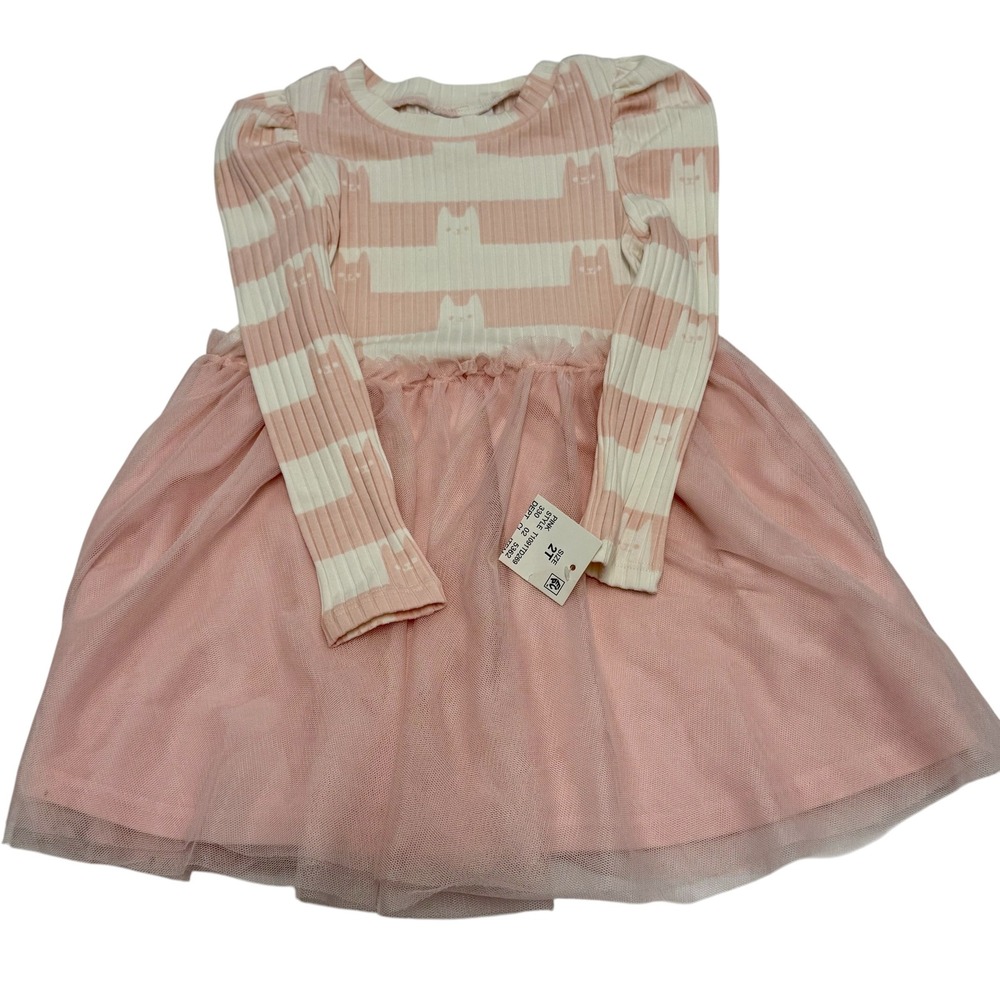 Gabby's Dollhouse Girls Pink Striped Cat Ribbed Tutu Dress 2T Long Sleeve